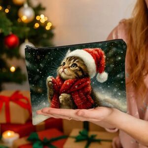 Christmas Winter Cute Cat with Santa Hat Travel Makeup Bag Double Sided Printed
